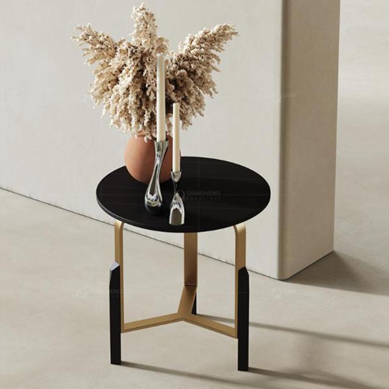 Round Gold Steel Black Marble Laminate Smart Tray Side Table