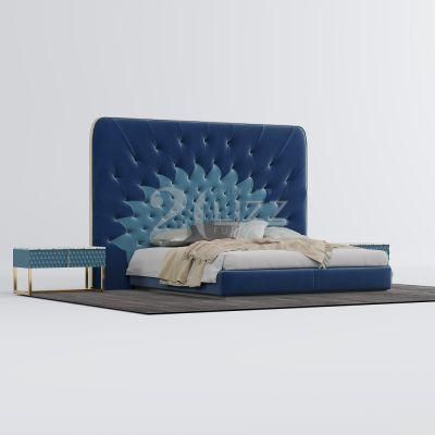 Good Quality Factory Bedroom Upholestery Modern Blue Valvet Fabric Bed Unique Design Home Hotel Bedroom Set