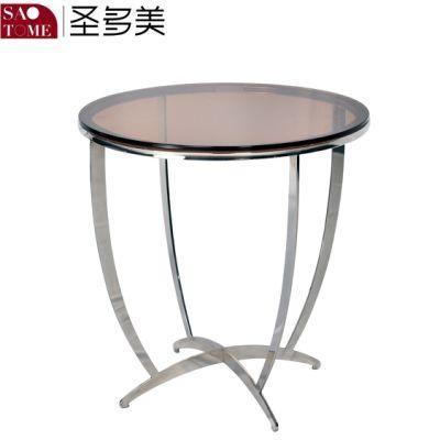 Stainless Steel Black Glass Round End Table Next to Sofa in Living Room