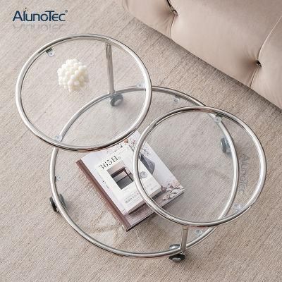 Best Price Tempered Glass Round Table Moving with Wheels