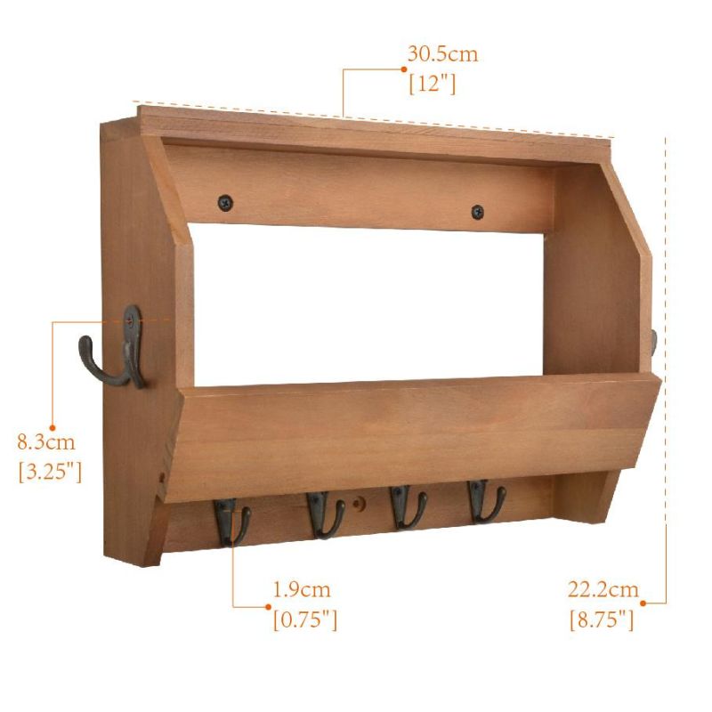 High Quality Rustic Wall Mounted Key Holder Floating Shelves Mail Organizer with 4 Key Hooks