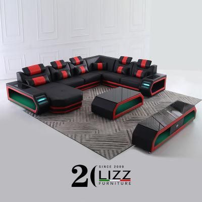 Living Room Chinese Furniture Modern Corner U Shape Sectional Sofa with LED Light