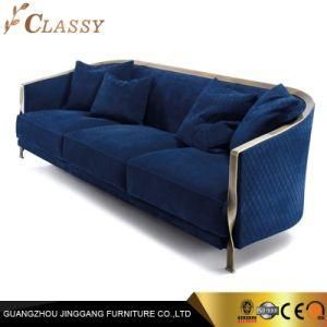 Wide Home Leather Furniture Polished Metal Stainless Steel in Blue Luxury Fabric