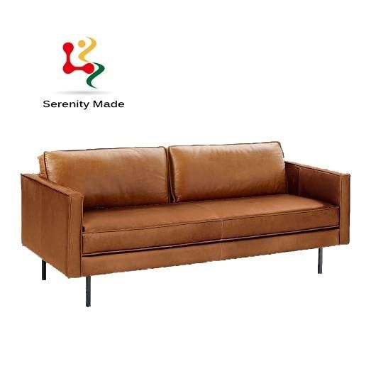 Vintage Style Brown Leather Upholstered Metal Legs 5 Seats Couch Sofa for Living Room