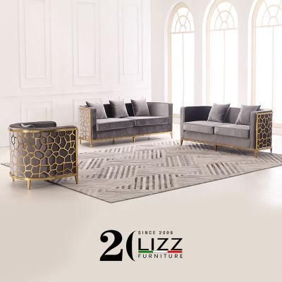 Luxury Velvet Fabric Home Furniture Sofa 1+2+3 with Golden Metal Frame