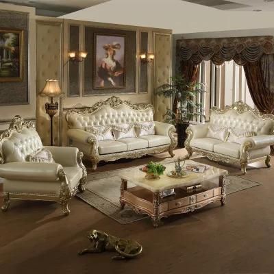Wood Carved Classic Leather Sofa in Optional Sofas Seats and Couch Furniture Color