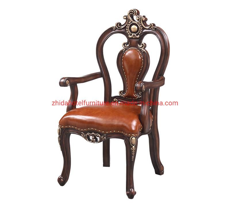 Hotel Lobby Antique Classic Wooden Leather Carved Living Room Chair