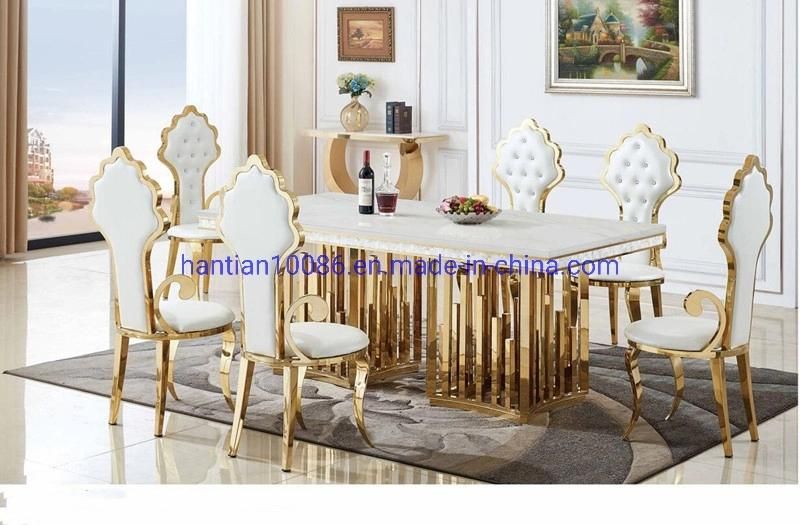 Rectangle Stainless Steel Mirror Marble Top Wedding Table with Four Living Room Chairs