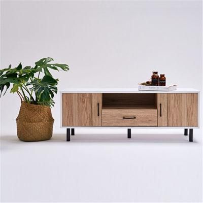 Manufacture New Design Natural &amp; White Painted Metal Leg TV Entertainment Unit with Single Drawer, 2 Door Cabinet