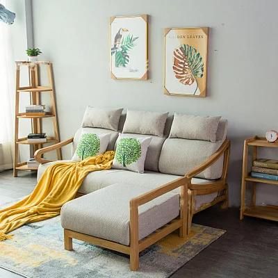 Nordic Simple Living Room Solid Oak Wood Corner Fabric Sofa 0277