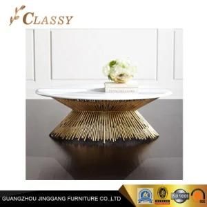 Luxury Oval Glass Marble Coffee Table with Golden Metal Base