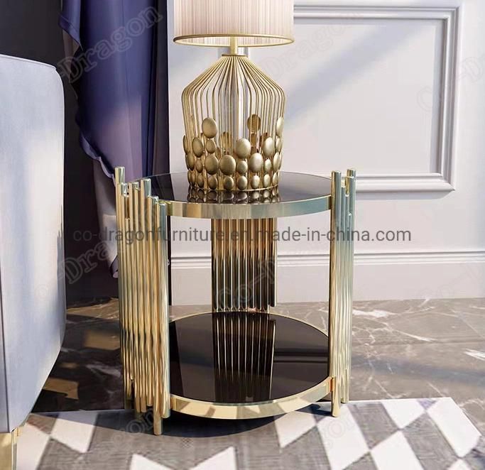 Luxury Home Furniture Stainless Steel Round End Table Glass Top