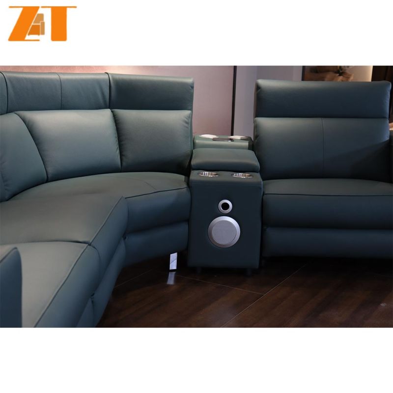 Modern Italian Style Home Living Room Function Furniture 4 Seat Genuine Leather Recliner Leisure Corner Sofa with Console