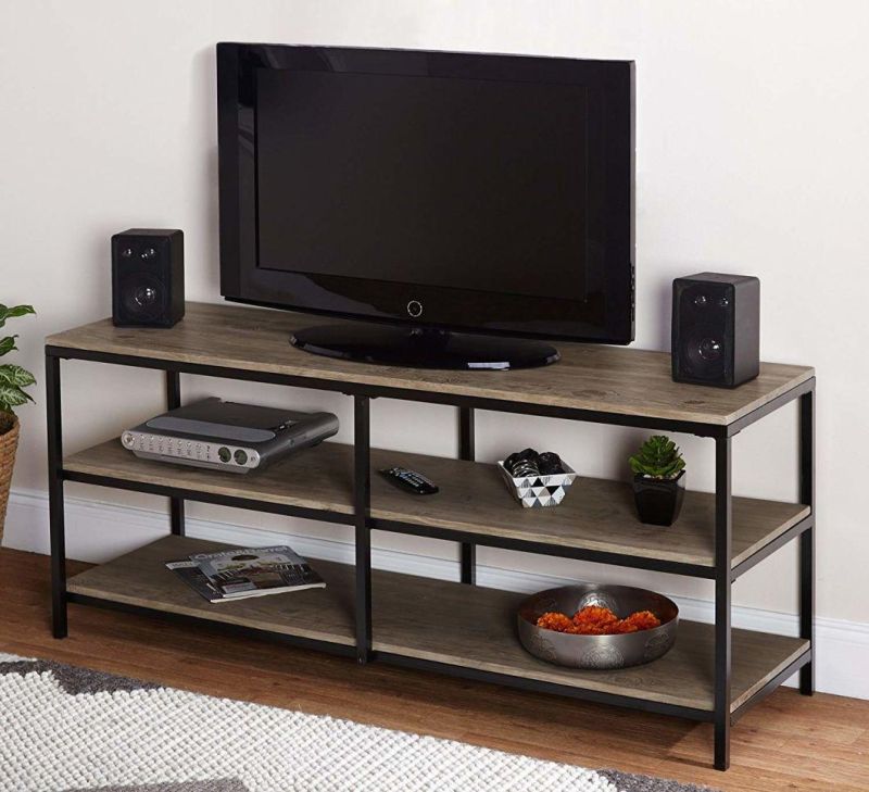 Industrial Rustic TV Stand Desk with Open Shelves