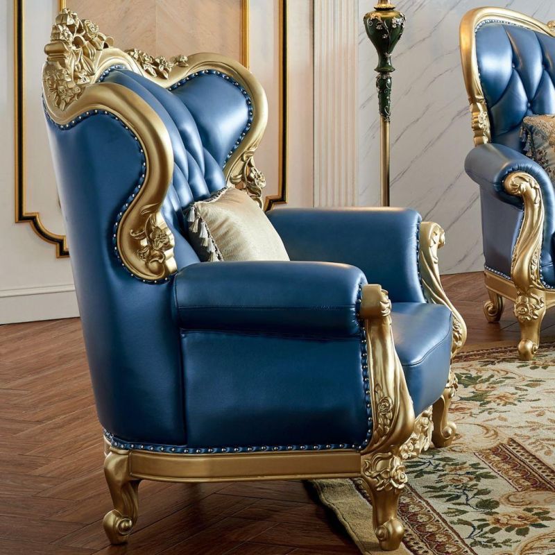 Wood Carved Luxury Leather Sofa for Living Room Furniture