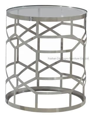 Silver Irregular Laser Pattern Stainless Steel Side Table with Glass Top Fa14