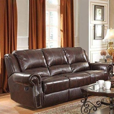 Living Room Sofa Set Manual Recliner Sofa Three Seat Sofa Set Brown Color Comfortable and Durable Leather Sofa Home Furniture with Rivet Design