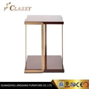 Modern Square Wood Side Table with Golden Stainles Steel Metal Base for Living Room