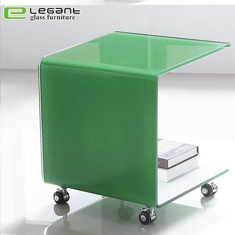 Black Painted Curved Glass End Table with Wheels