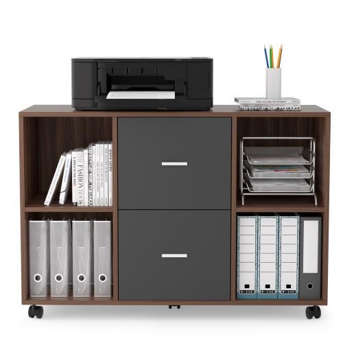 Mobile Filing Cabinet with 2 Drawers and 4 Open Storage Cabinets, , Walnut-Dark Gray