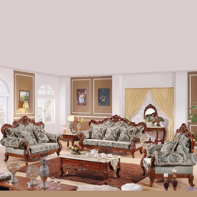 Wood Carved Classic Leather Sofa in Optional Sofas Seats and Couch Furniture Color