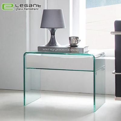 Curved Glass Night Table with Walnut Wood Veneer Drawers