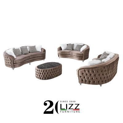 European Style Living Room Furniture Set Leisure Velvet / Linen Fabric Tufted Sofa with Coffee Table