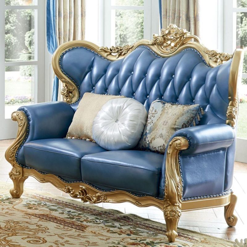 Wood Carved Luxury Leather Sofa for Living Room Furniture