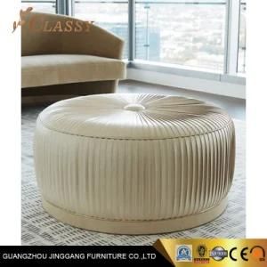 Round PU Leather Living Room Ottoman Stool with Metal Base Bronze Finish