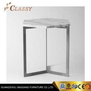White Honed Marble Table in Raw Power Coated Steel Base Hexagon Side Table for Home Furniture