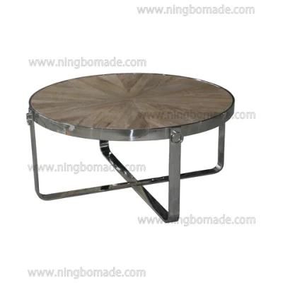 Classic Chic Eco-Friendly Paint Furniture Natural Reclaimed Elm Top Shining Stainless Steel Base Round Coffee Table