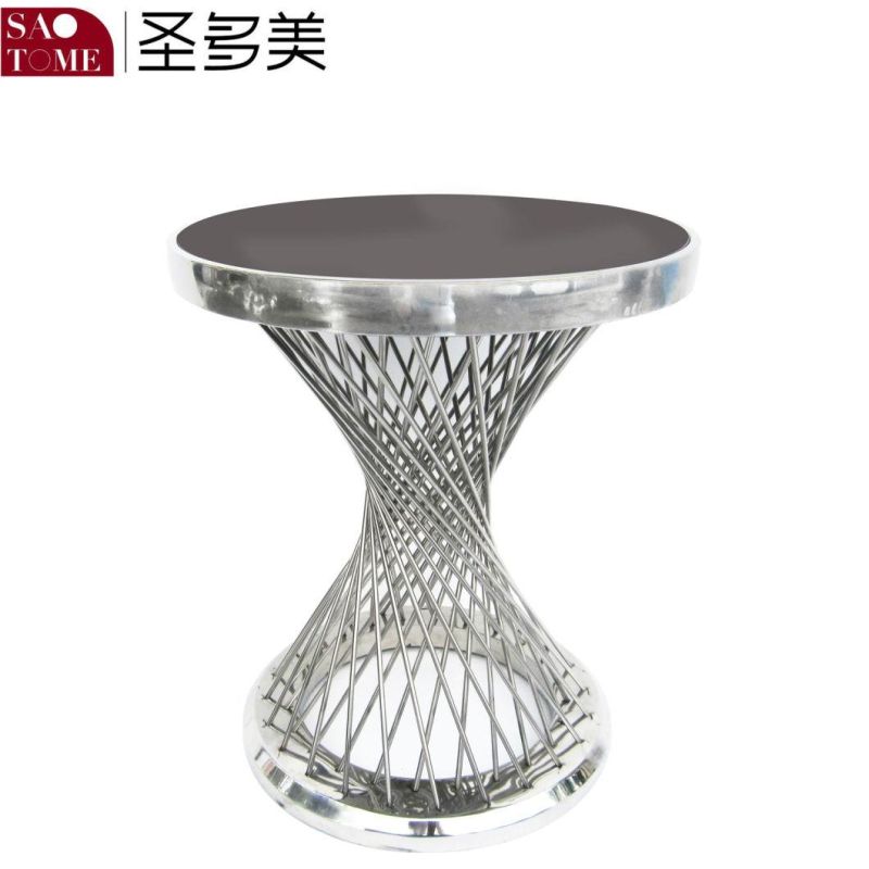 Stainless Steel Black Glass Round End Table Next to The Sofa in The Modern and Popular Living Room