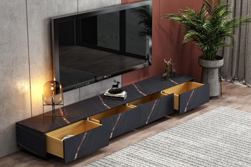 Beautiful Design Balck Marble Pattern Stylish Dark Veneer Finish Pinewood TV Table