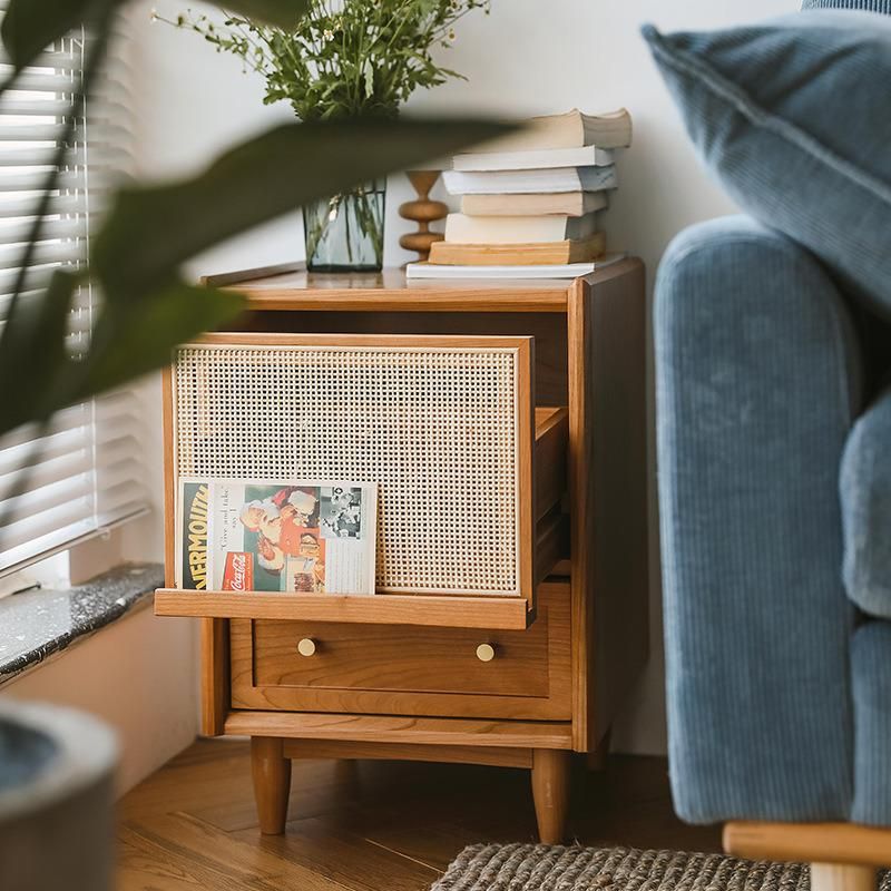 Wooden Rattan Side Table Beech Solid Wood Furniture