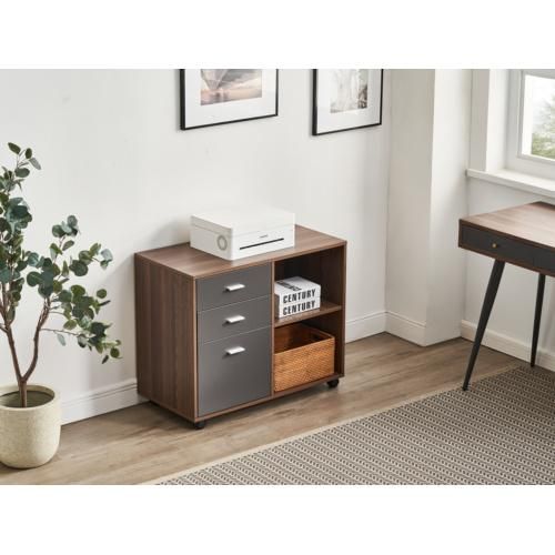 Walnut and Dark Grey Horizontal Filing Cabinet, Printer Holder, Metal Printer Cabinet.