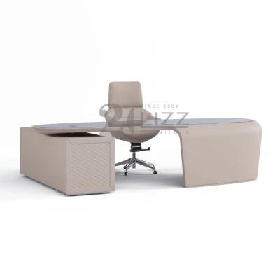 Luxury Modern Style Home Office Furniture Leisure Glass Top Table &amp; Leather Chair with Four Wheels