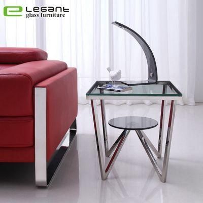 Small Square Tempered Glass Side Table with Stainless Steel Frame