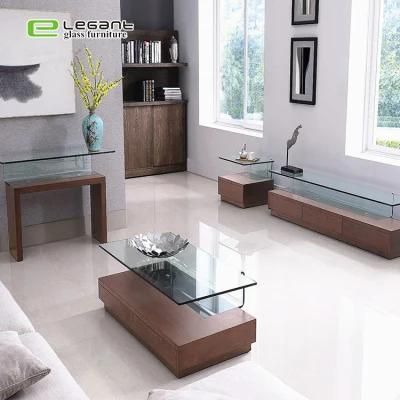 MDF Walnut Wood Glass Coffee Table for Office