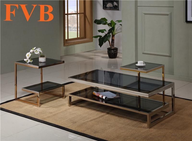 Modern Glass Coffee Table Set Stainless Steel Living Room Furniture