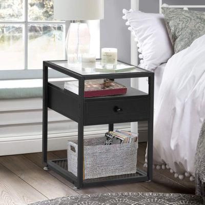 Modern Tempered Glass Cabinet with Drawer and Rustic Shelf Decoration Side Table