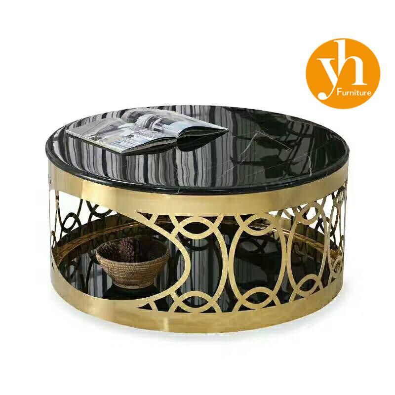 Living Room Black Marble Top Gold Coffee Table Modern Round Tea Table Sofa Side Simple Wrought Steel Golden Frame Table