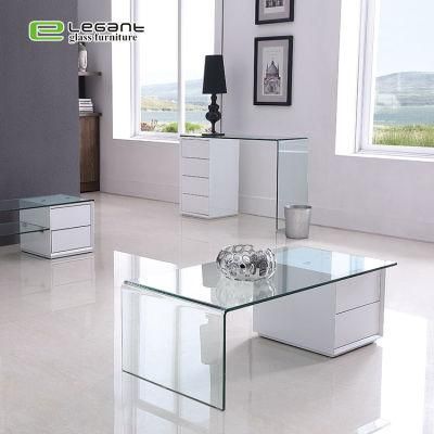 Clear Bent Glass Coffee Table Center Table with White Drawer