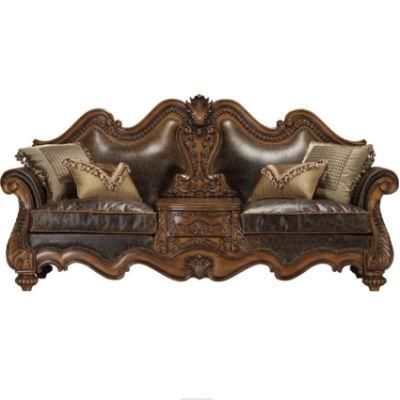 Wooden Genuine Leather Luxury Villa Hotel Carving Sofa
