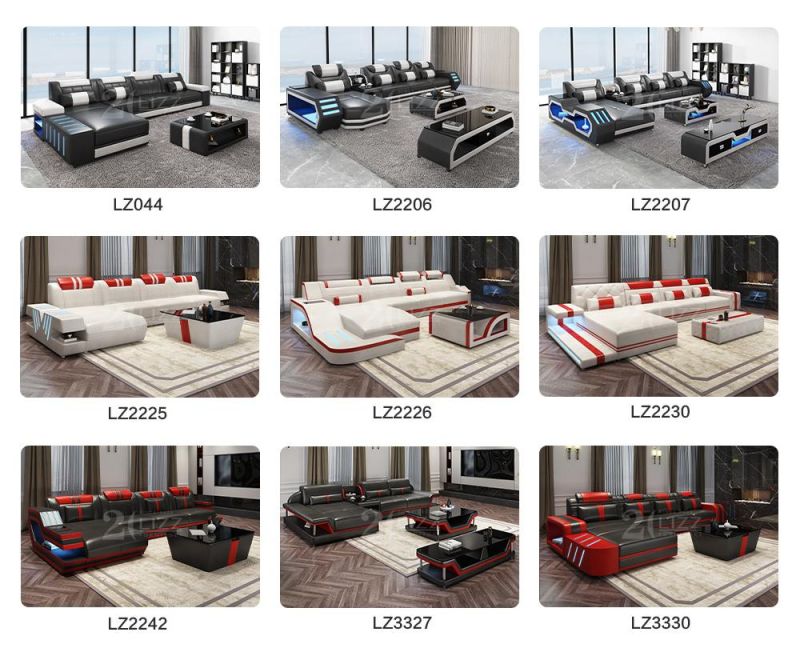New Arrival Villa Furniture Lounge Top Grain Leather Sectional L Shape LED Sofa