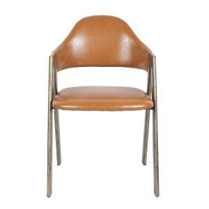 Modern Home Metal Dining Chair with Metal Armrests and Vinyl Upholstered