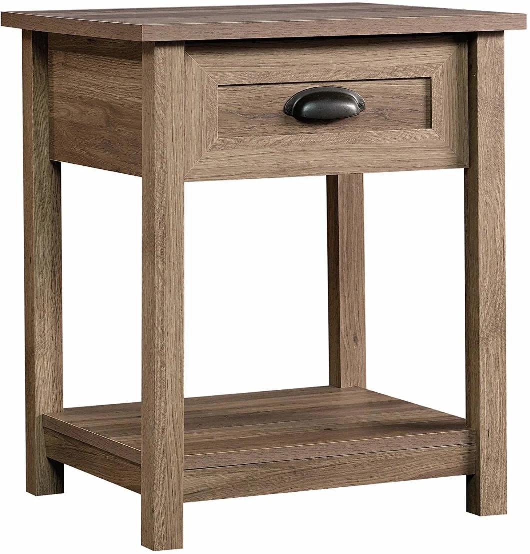 Oak Finish Sofa End Tables with Metal Handle and Storage Shelf