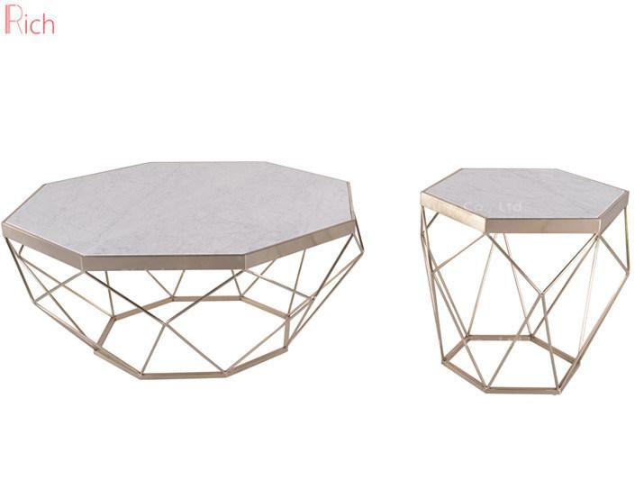 Living Room White Marble Coffee Side Table Small Size Metal Golden Frame Hexagon Shape