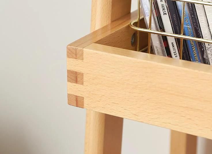 Movable solid beech bedside shelf, mobile cart, side table