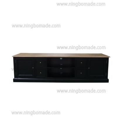 French Provincial Hunter Furniture Natural Oak Top Black Poplar Wood Base 4 Drawers 2 Doors TV Stand