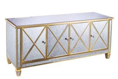 Antique Glass 4 Doors Champagne Paint Cross Design Sideboard